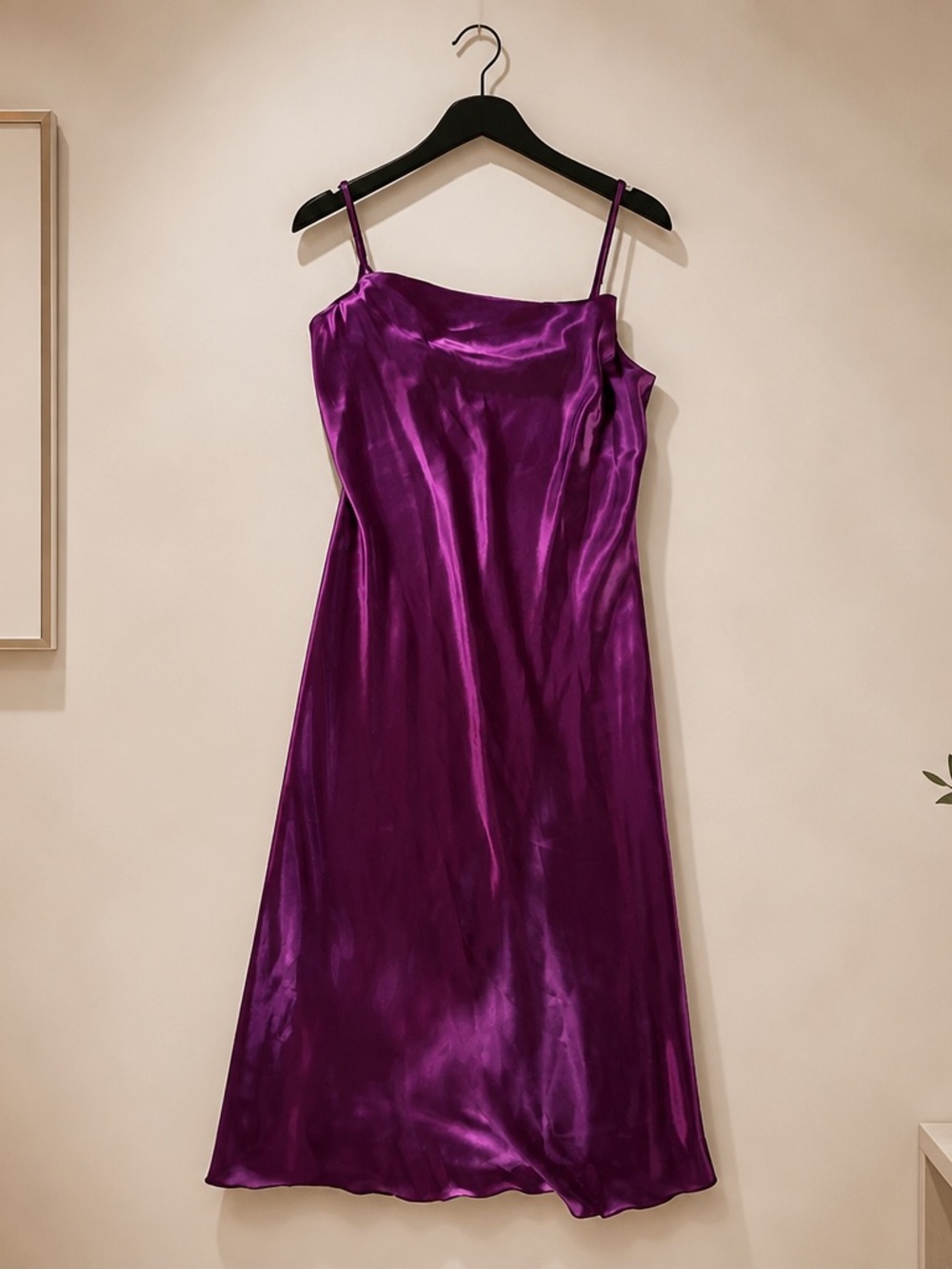 Bebe Cowl Neck Satin Slip Dress in Rich Purple